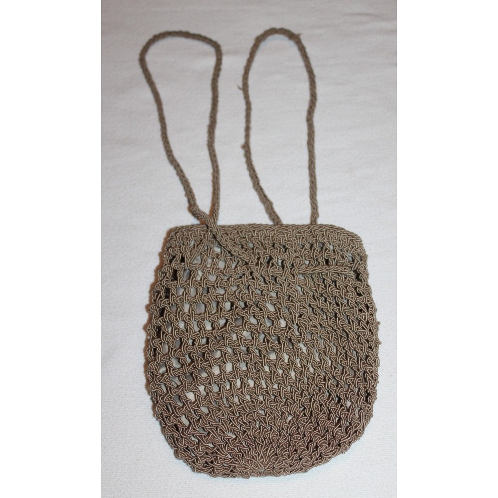 Chateau hand made Crochet drawstring purse handbag brown lined